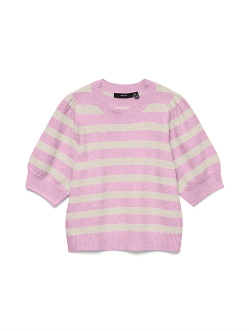 VM Doffy 2/4 O-neck Strikbluse med kort ærme, stribet, Lyserød